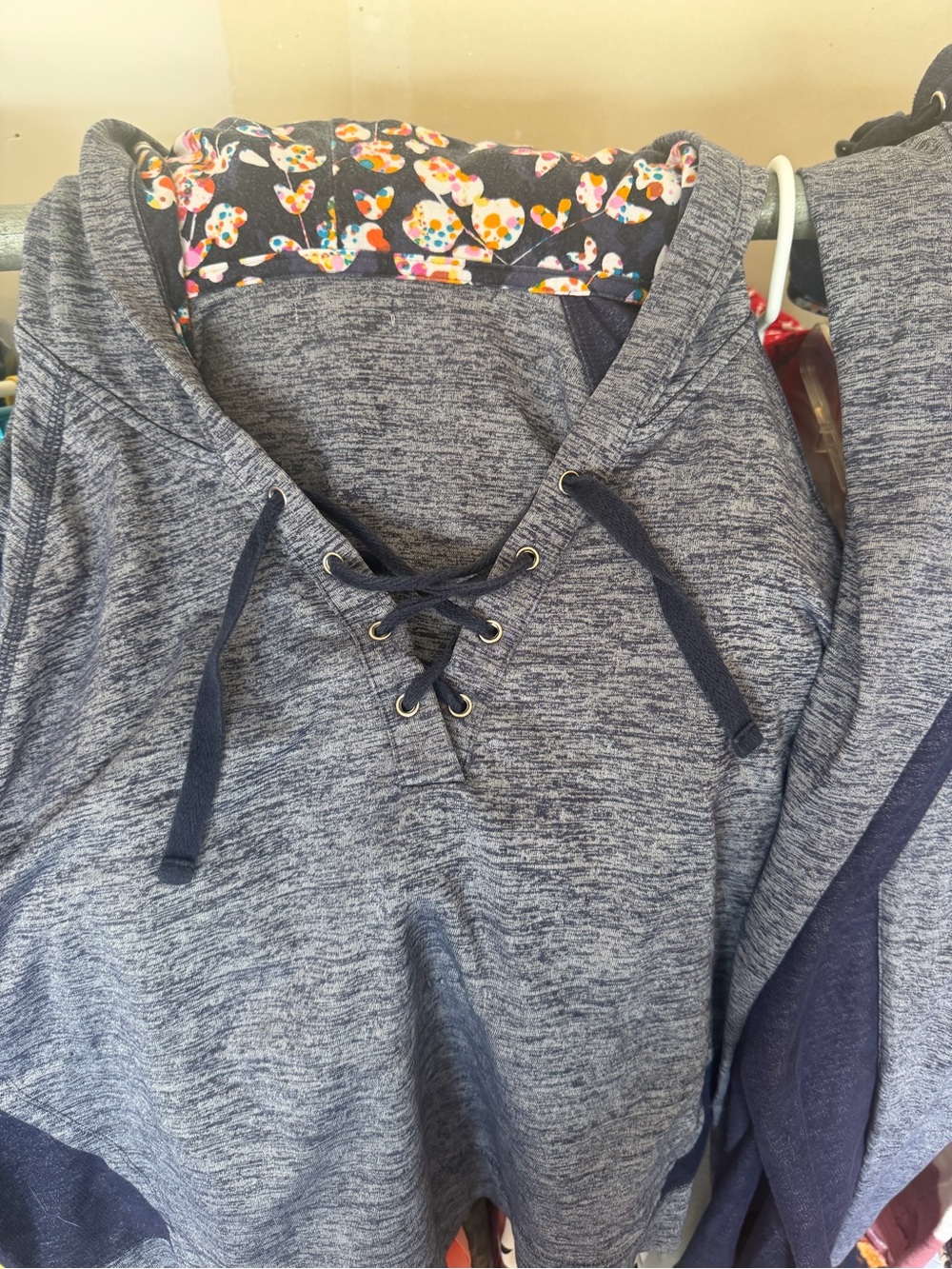 Heathered Navy Lace-Up Hoodie with Floral Trim